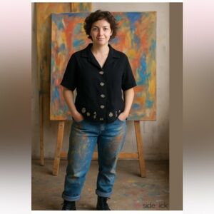 Rebecca Jones Embroidered Black Button-Up Aztec Inspired Women's Top Size 2X